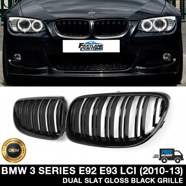 BMW E92 E93 3 Series LCI Facelift 2010-13 Gloss Black Dual Slat Kidney Grille