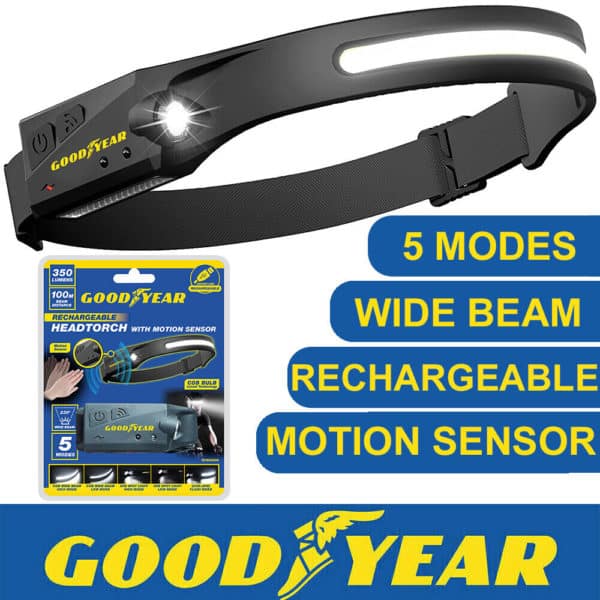 Goodyear LED Head Torch Rechargeable Waterproof Super Bright COB Headlamp Light